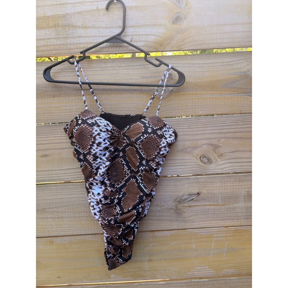 Matte Collection Brown Snakeskin Ruched Bodysuit Sweetheart Neck Size L